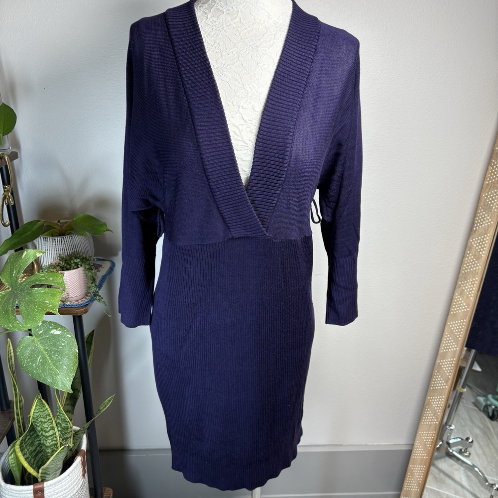 Wishes Wishes Wishes Womens L Purple Sweater Dress Ribbed Knit V Neck No Belt